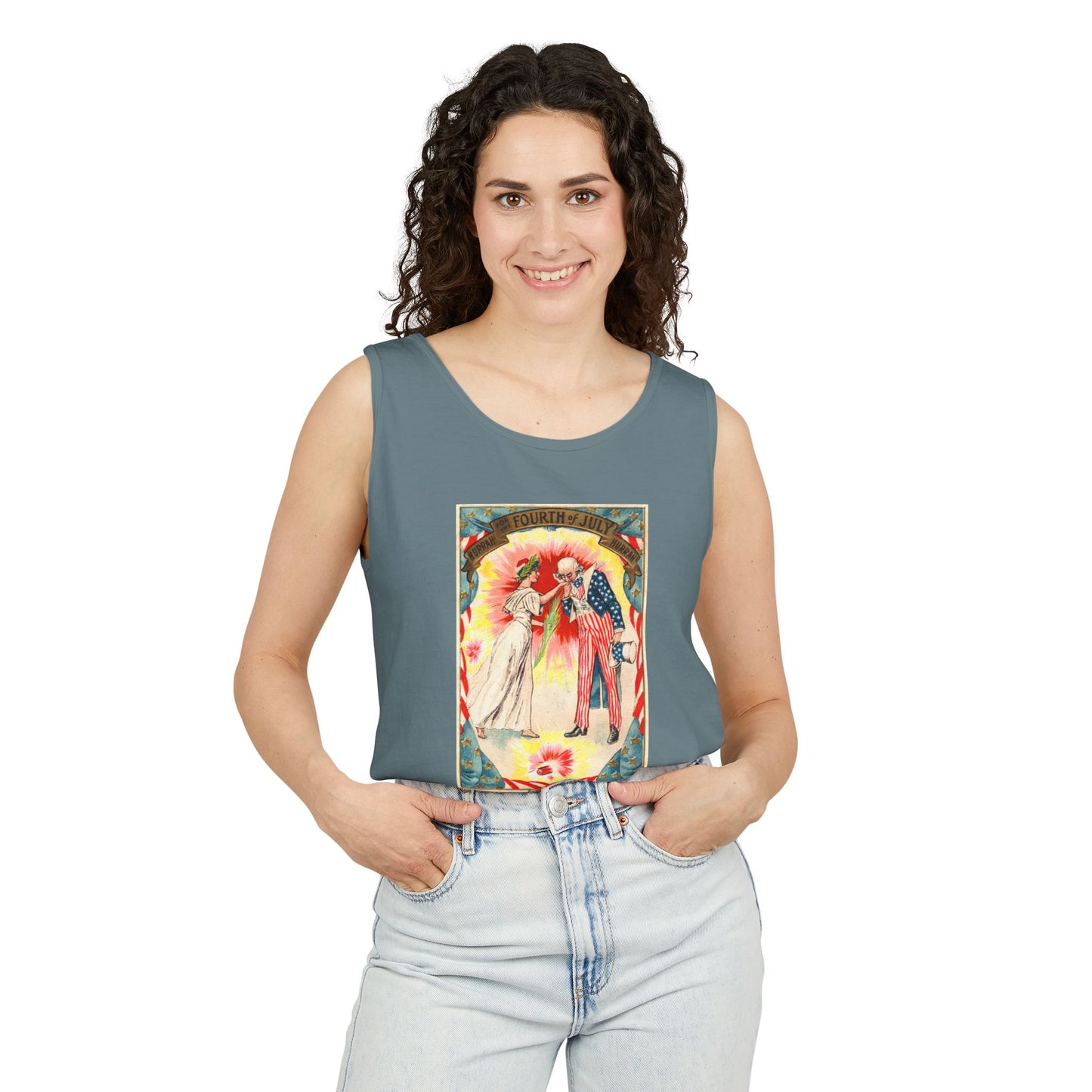 Uncle Sam and Columbia tank top ivory — vintage Fourth of July postcard art — The Faded Label Co.