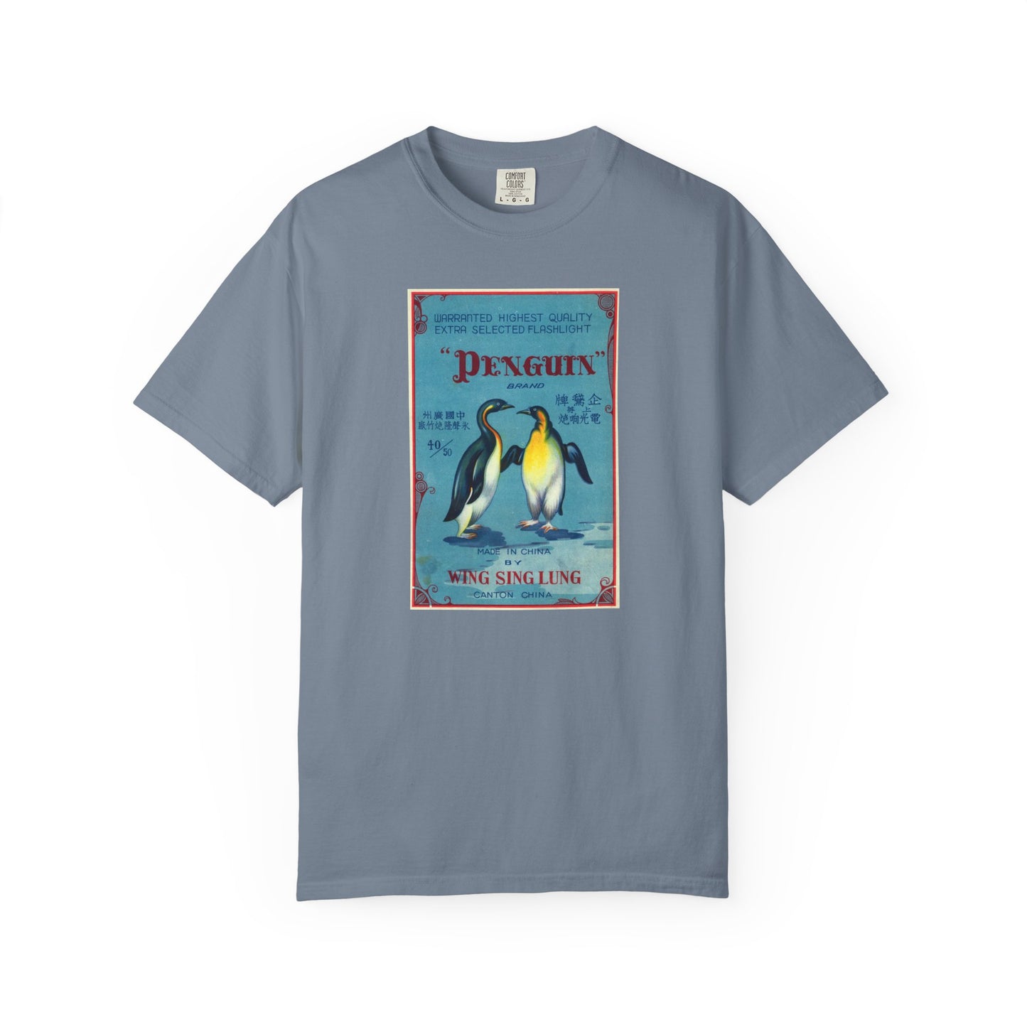 Penguin Brand Firecrackers t-shirt Chambray — vintage Independence Day Comfort Colors tee — The Faded Label Co.