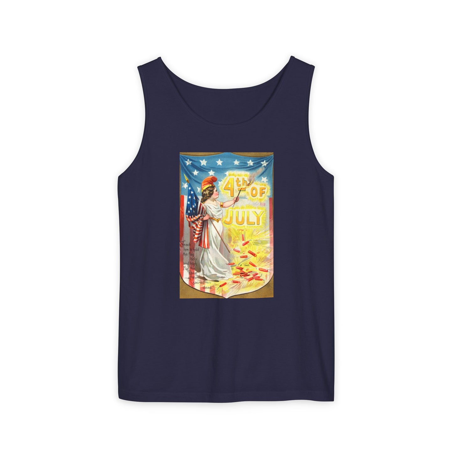 4th of July Flag Girl tank top pepper — vintage Columbia patriotic postcard art — The Faded Label Co.