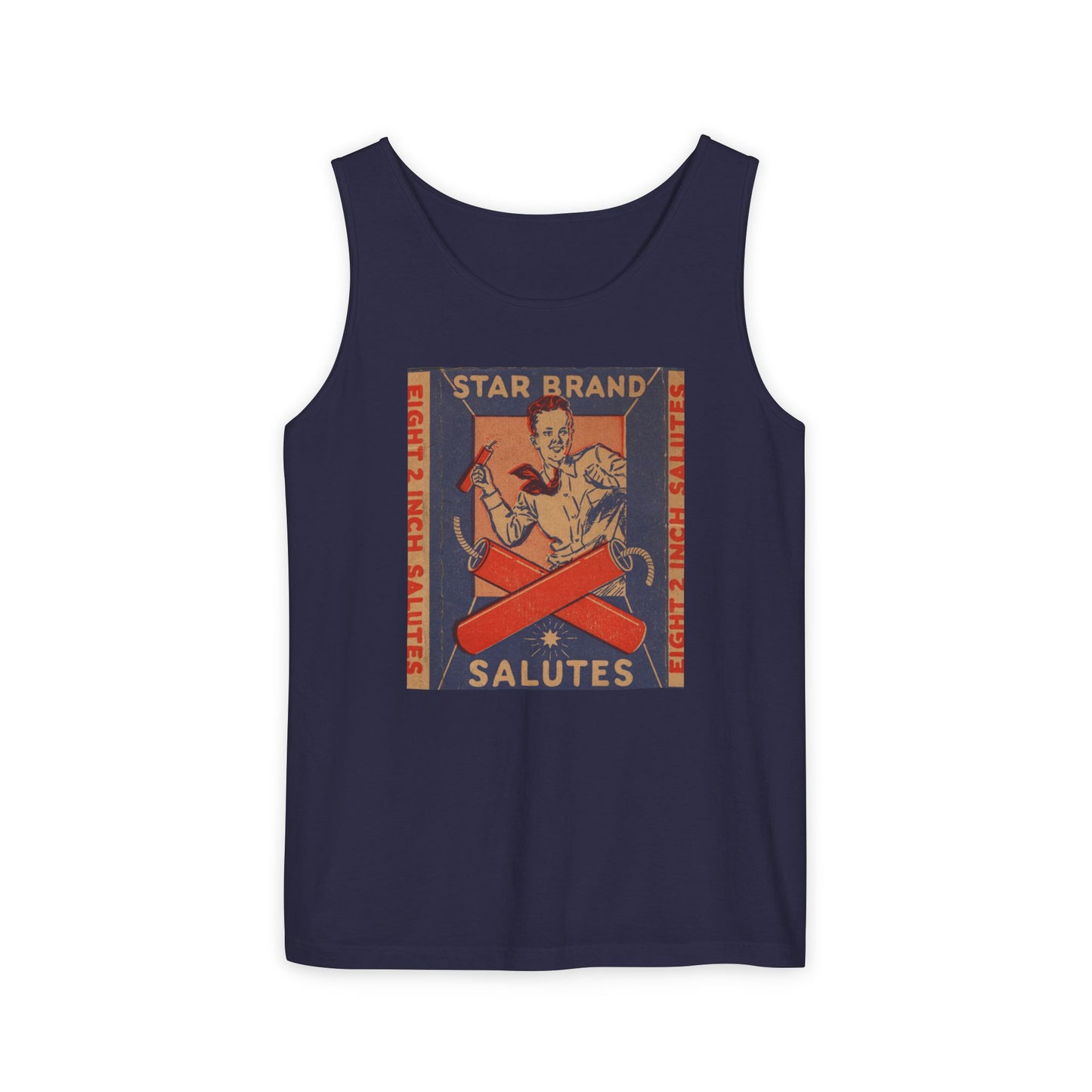 Star Brand Salutes tank top sandstone — vintage fireworks label art — The Faded Label Co.