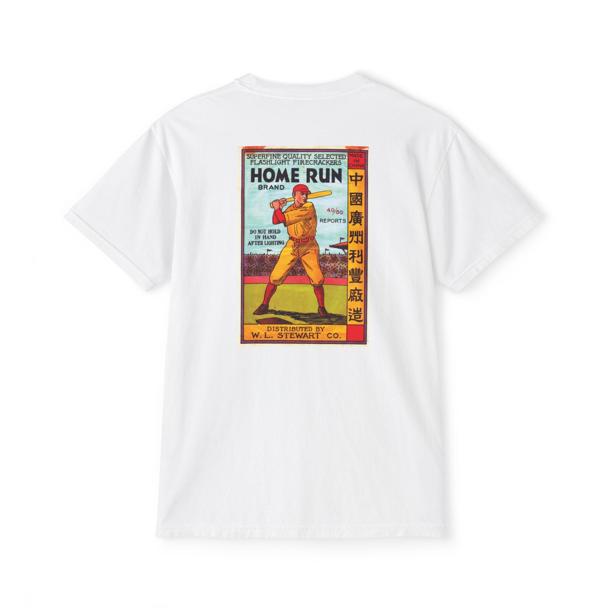 Home Run Fireworks pocket t-shirt white — person wearing — The Faded Label Co.