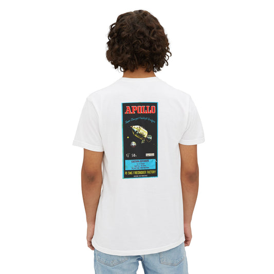 Apollo Firecrackers pocket t-shirt white back — vintage space age fireworks label art — The Faded Label Co.
