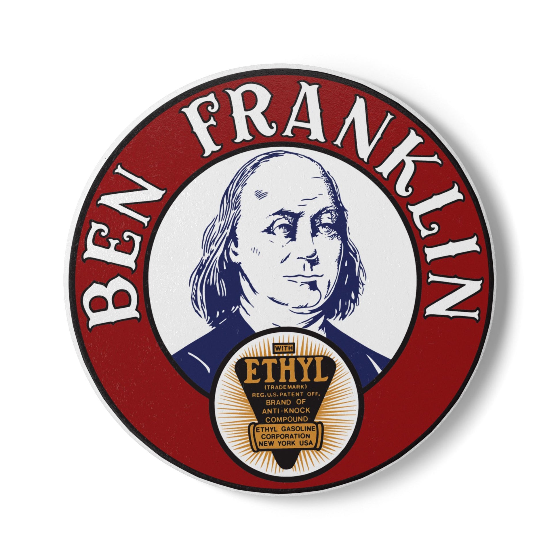 Ben Franklin Gasoline ceramic coaster — vintage petroliana decor — The Faded Label Co.