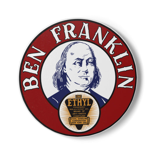 Ben Franklin Gasoline ceramic coaster — vintage petroliana decor — The Faded Label Co.
