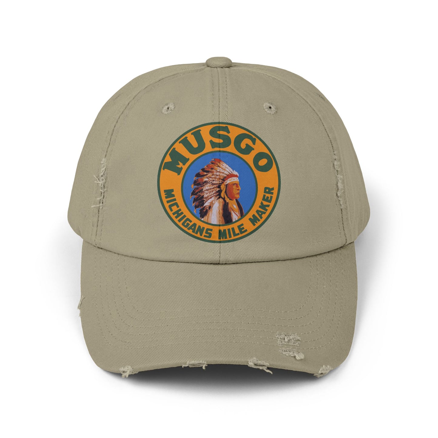 Musgo Gasoline distressed cap light olive — vintage petroliana hat — The Faded Label Co.