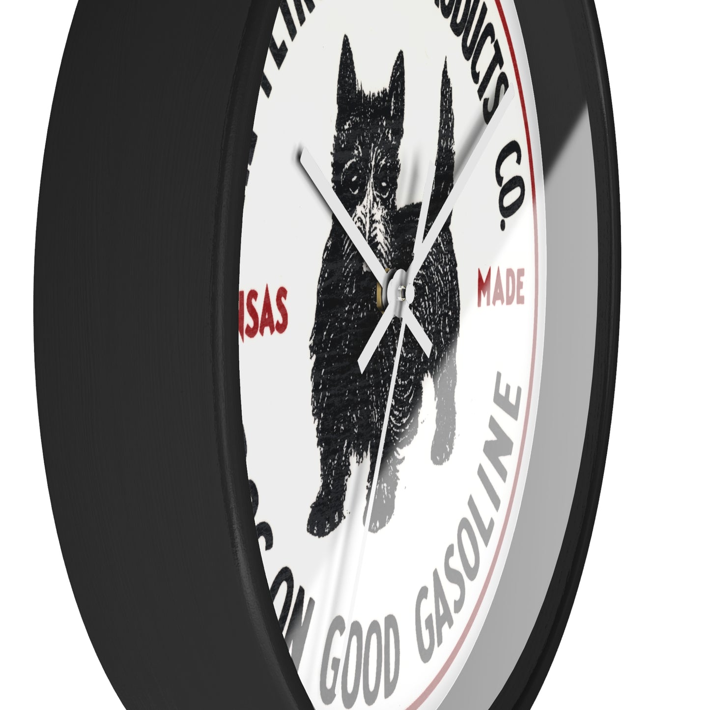 Dog-On Good Gasoline wall clock angle — retro petroliana wall art — The Faded Label Co.
