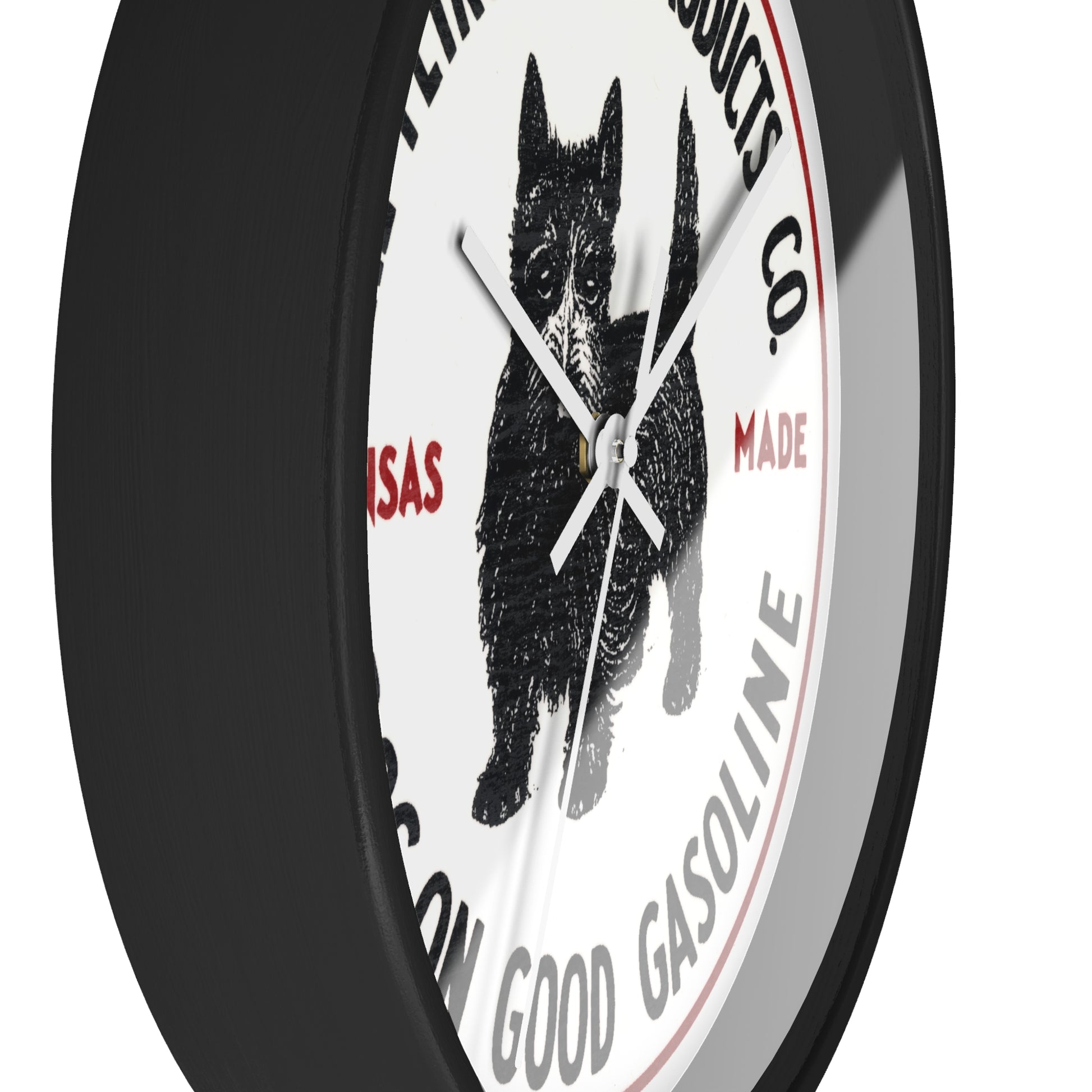 Dog-On Good Gasoline wall clock angle — retro petroliana wall art — The Faded Label Co.