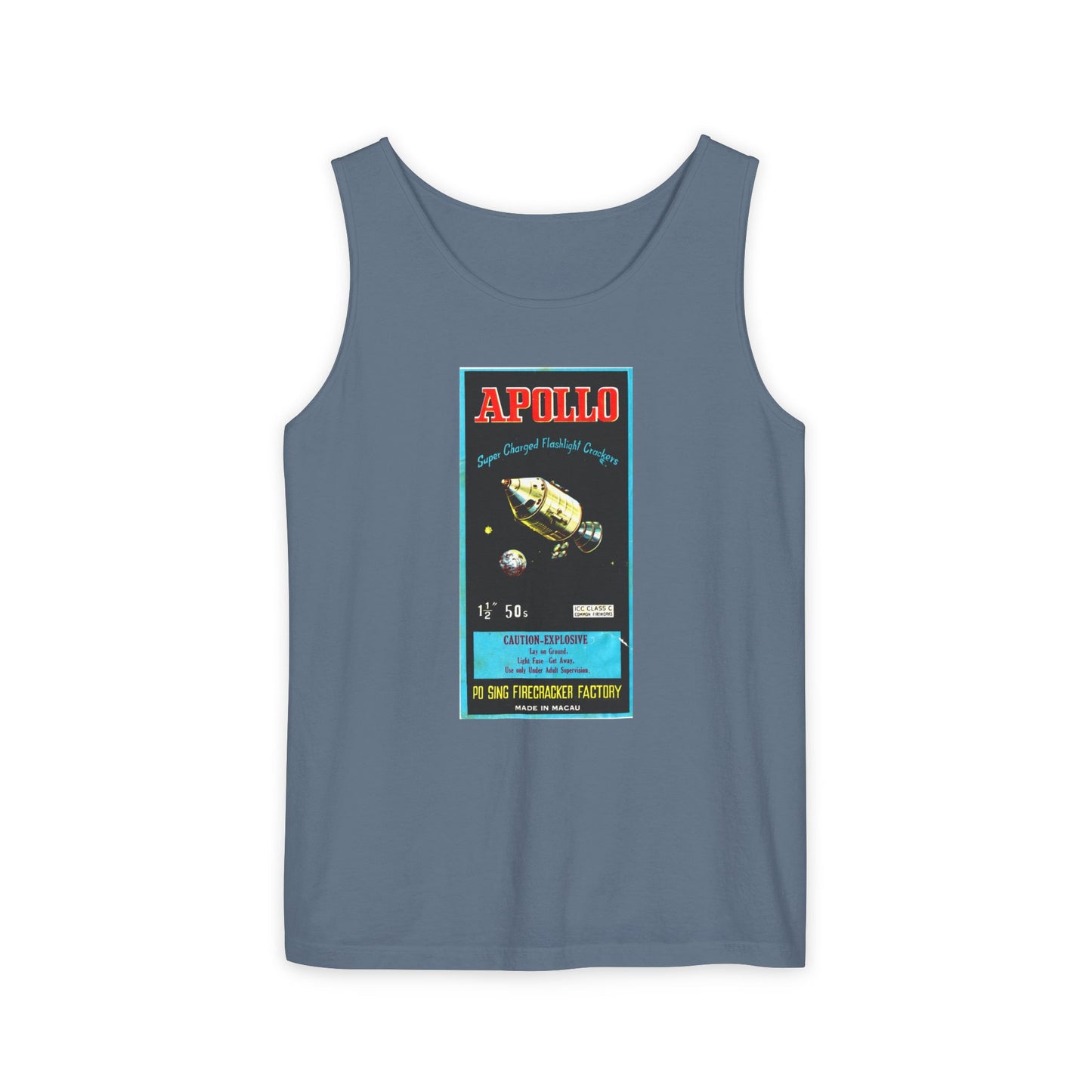Apollo Firecrackers tank top detail — mid-century fireworks packaging art — The Faded Label Co.