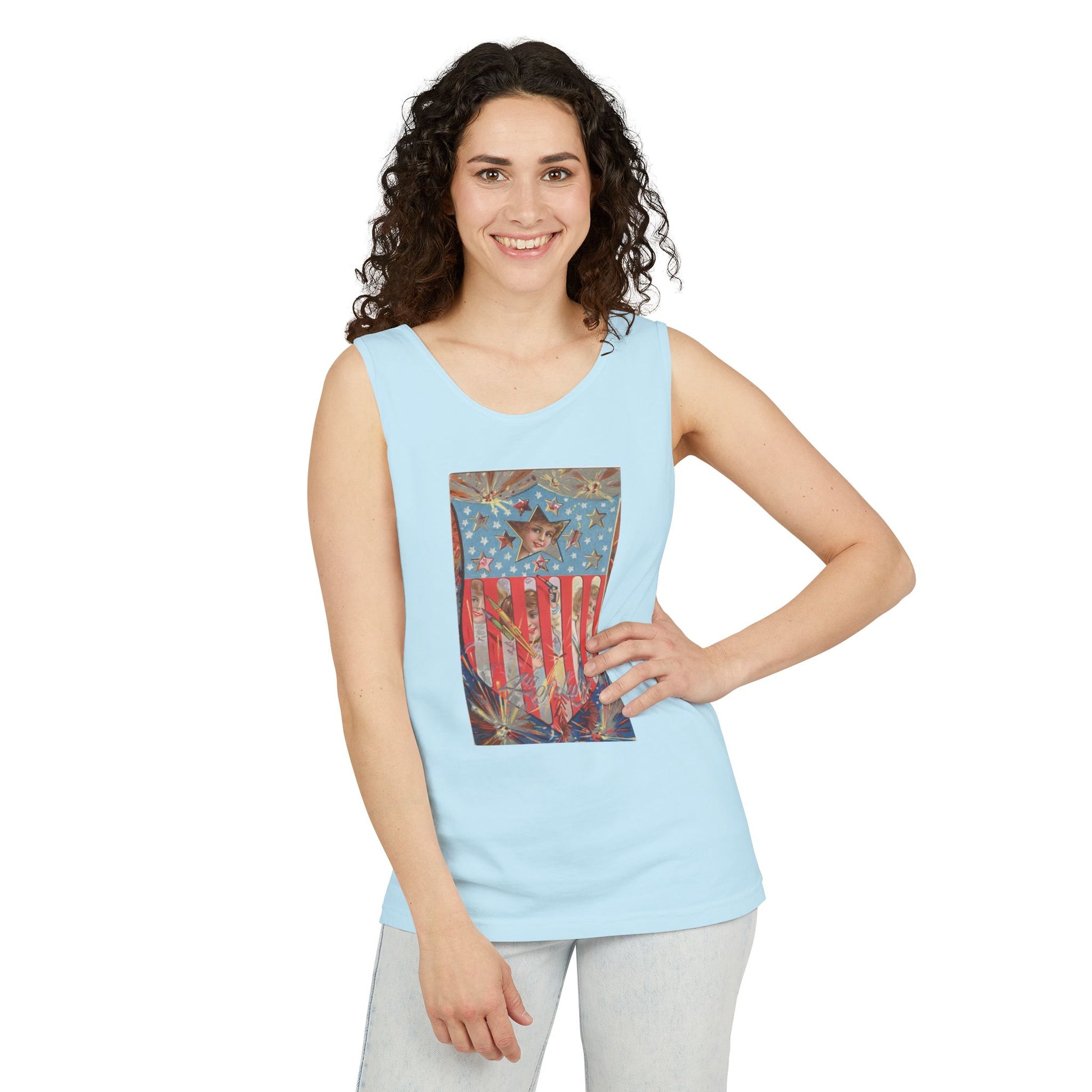 4th of July Shield Girls tank top flat lay denim — Comfort Colors 9360 unisex tank — The Faded Label Co.