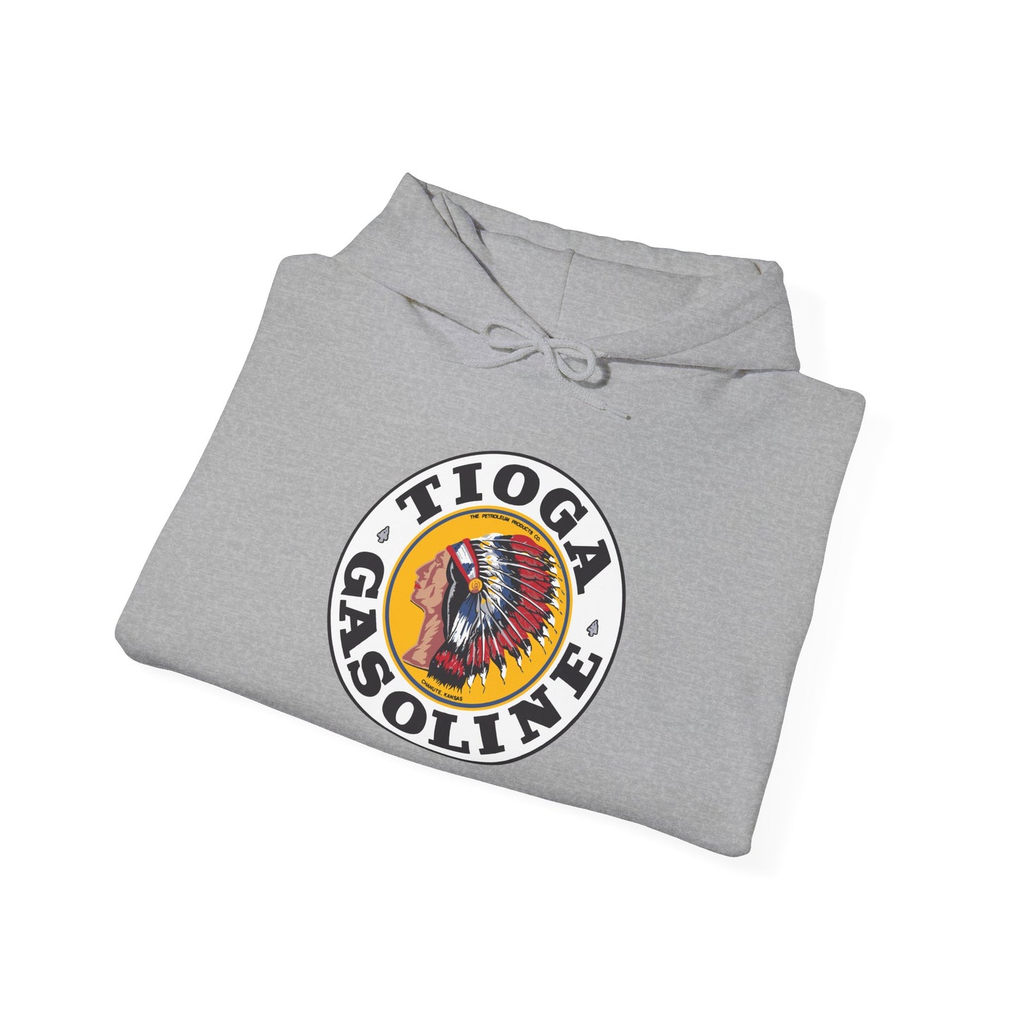 Tioga Gasoline Logo Hoodie — Vintage Native Chief Emblem