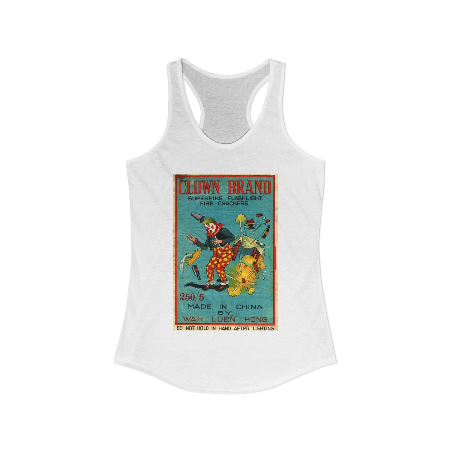 Clown Brand Firecrackers racerback detail — vintage fireworks collector label art — The Faded Label Co.
