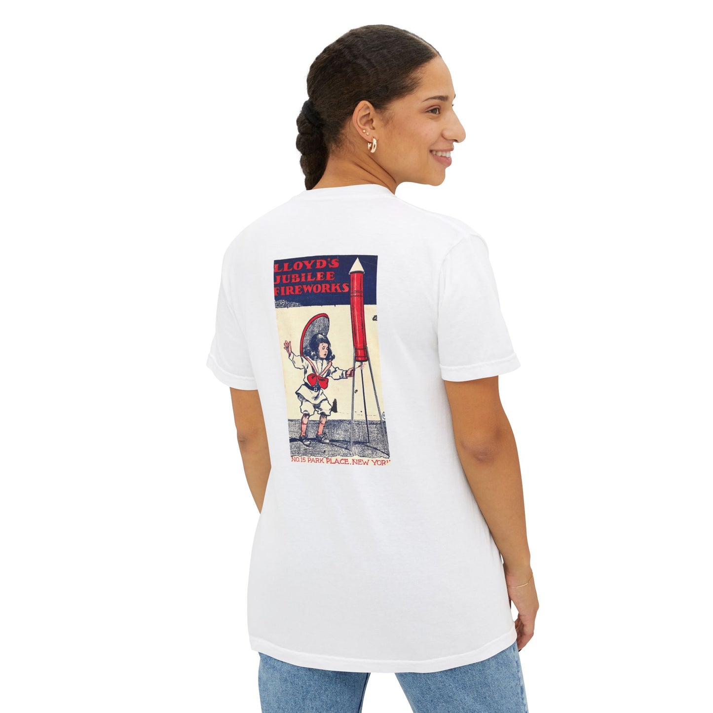 Lloyd's Jubilee Fireworks pocket t-shirt white back — vintage fireworks label art — The Faded Label Co.