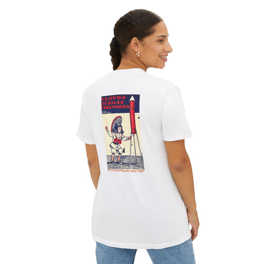 Lloyd's Jubilee Fireworks pocket t-shirt white back — vintage fireworks label art — The Faded Label Co.