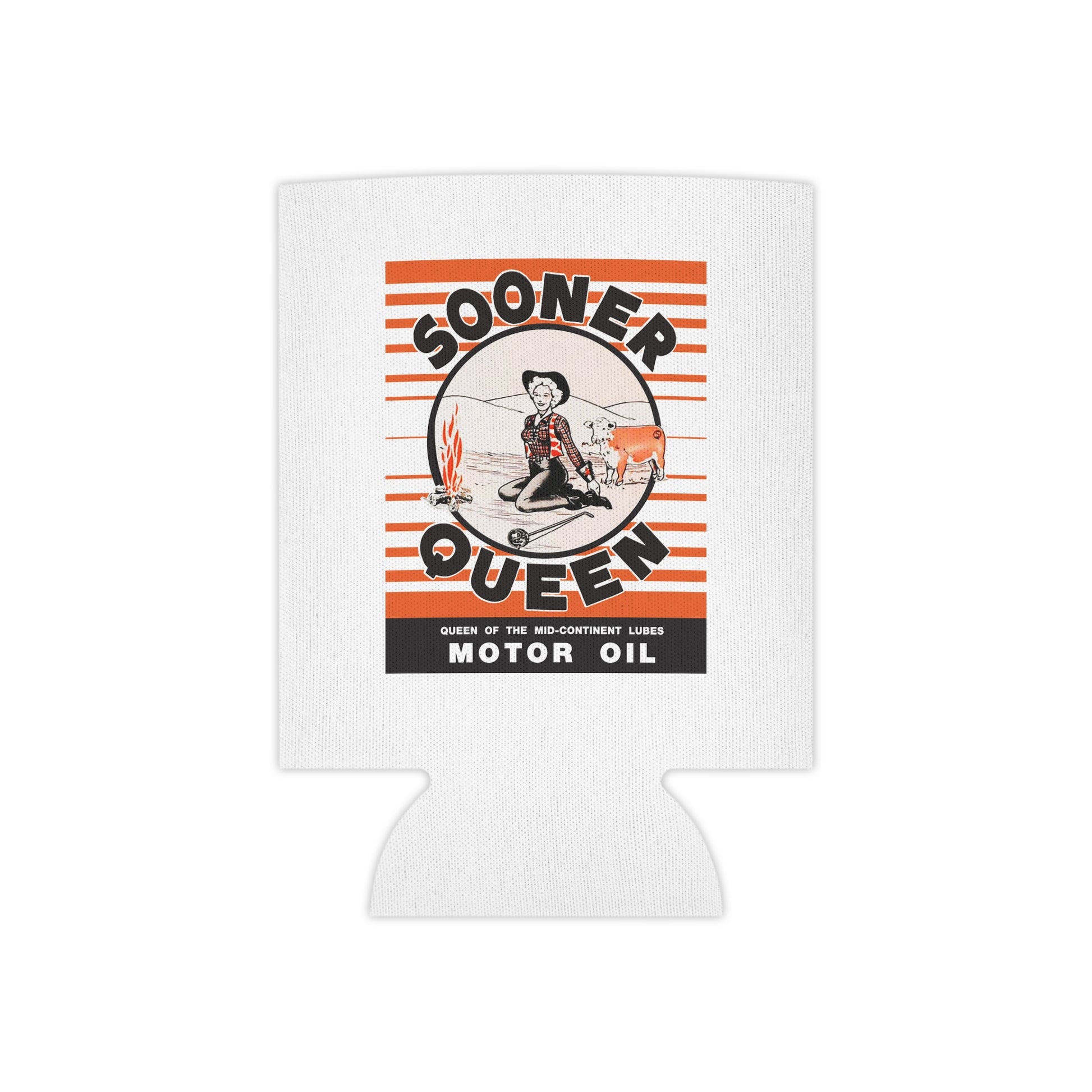 Sooner Queen Motor Oil can cooler detail — vintage Oklahoma petroliana gift — The Faded Label Co.