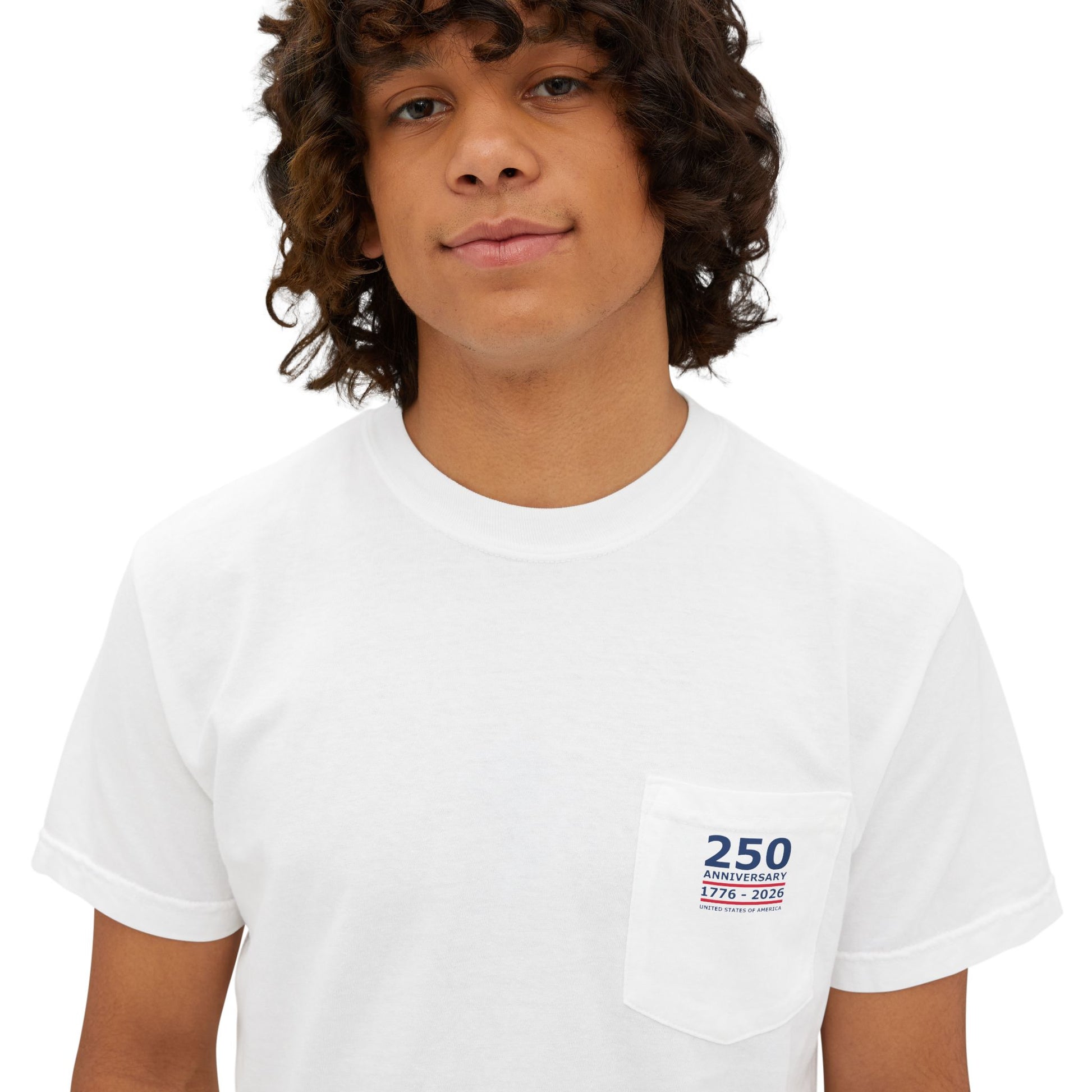 Bulldog Brand Firecrackers pocket t-shirt white closeup — 250th anniversary pocket badge — The Faded Label Co.