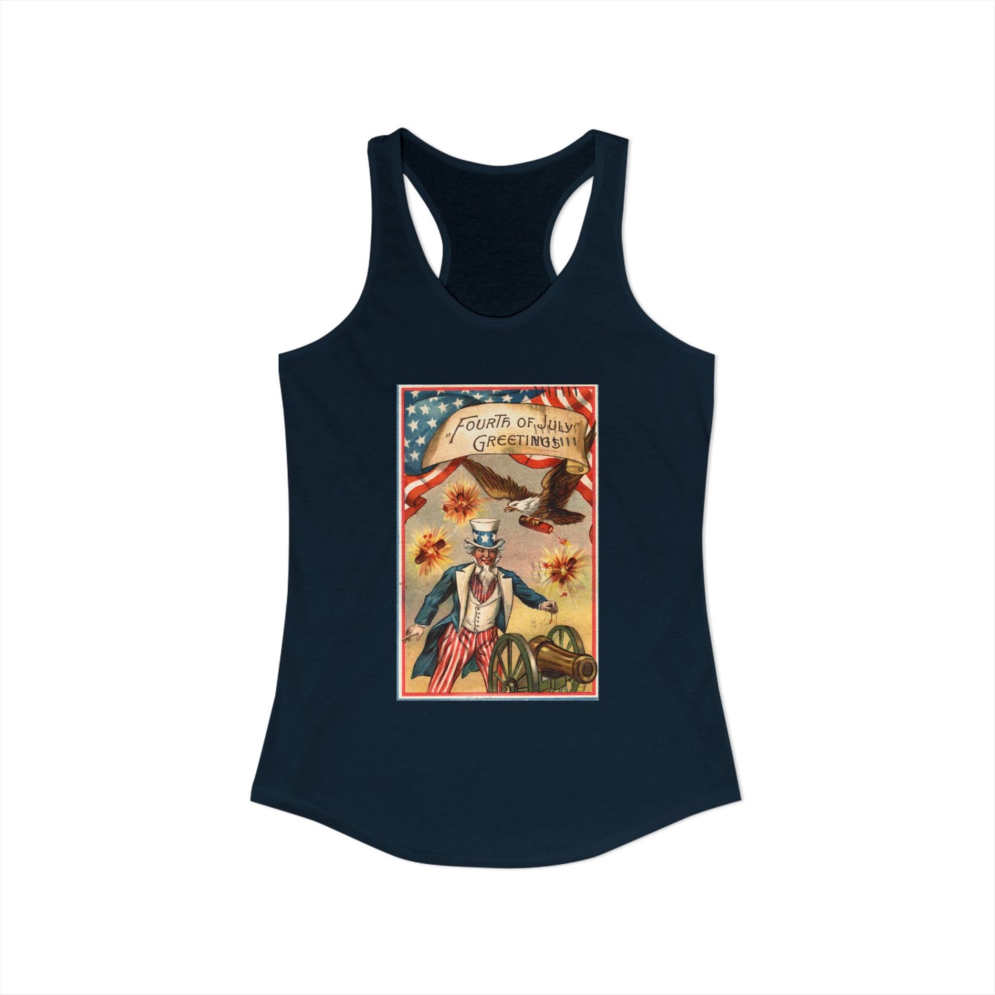 Fourth of July Greetings Uncle Sam racerback tank warm gray — vintage patriotic postcard art — The Faded Label Co.