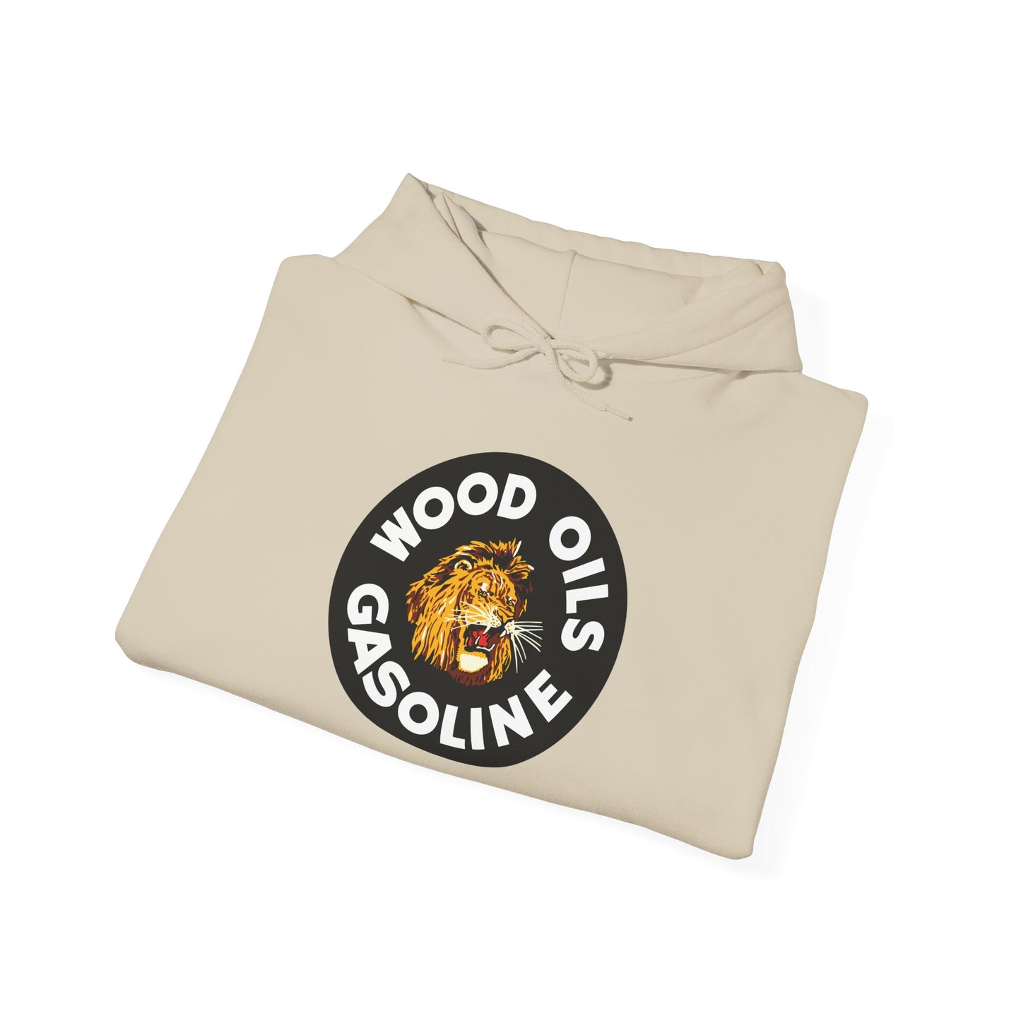 Lion Emblem Gasoline Hoodie — 'Wood Oils Gasoline' Retro Logo Sweatshirt