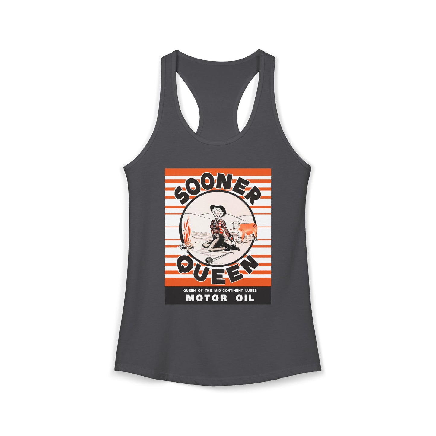Sooner Queen Motor Oil racerback tank light orange — vintage oil can shirt — The Faded Label Co.