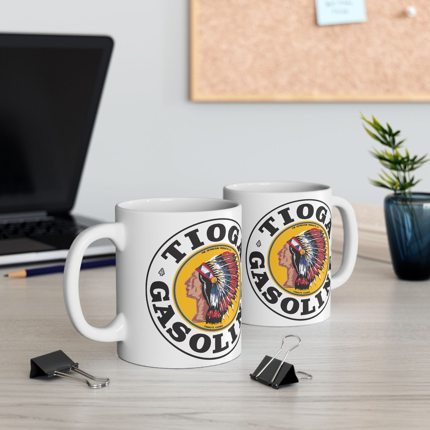 tioga Gasoline Tribe Ceramic Mug — Vintage Indian Head Logo Coffee Cup (11oz & 15oz)