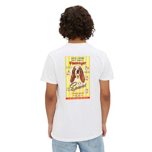 Spaniel Firecrackers pocket t-shirt white back — vintage fireworks label art — The Faded Label Co.