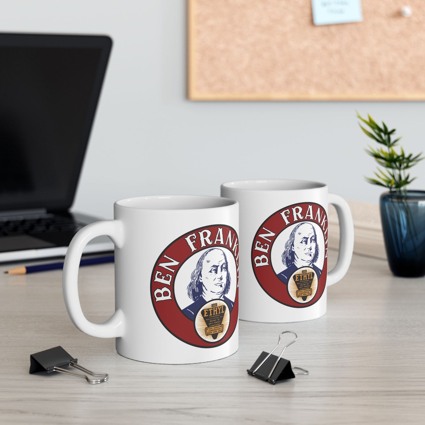 Ben Franklin Gasoline mug logo detail — vintage Oklahoma gas station art — The Faded Label Co.