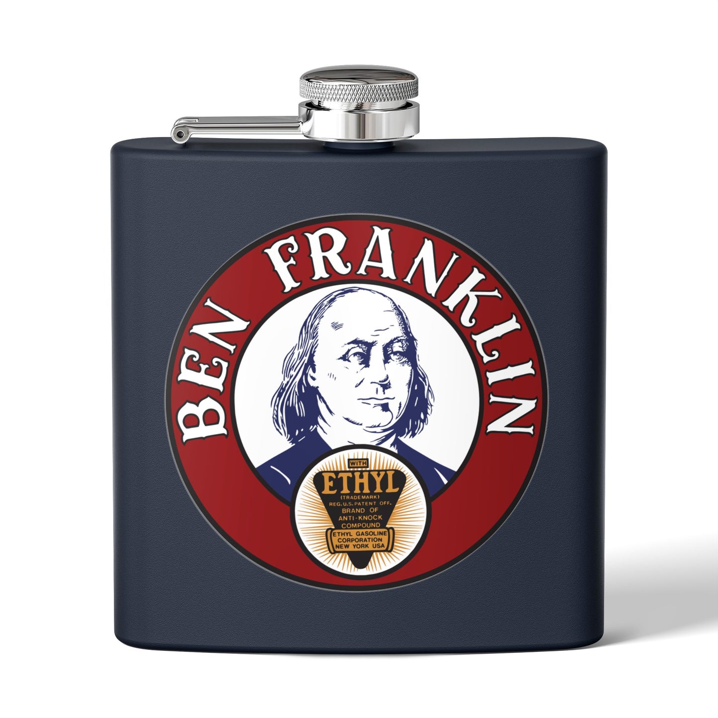 Ben Franklin Gasoline flask lifestyle — vintage petroliana gift — The Faded Label Co.