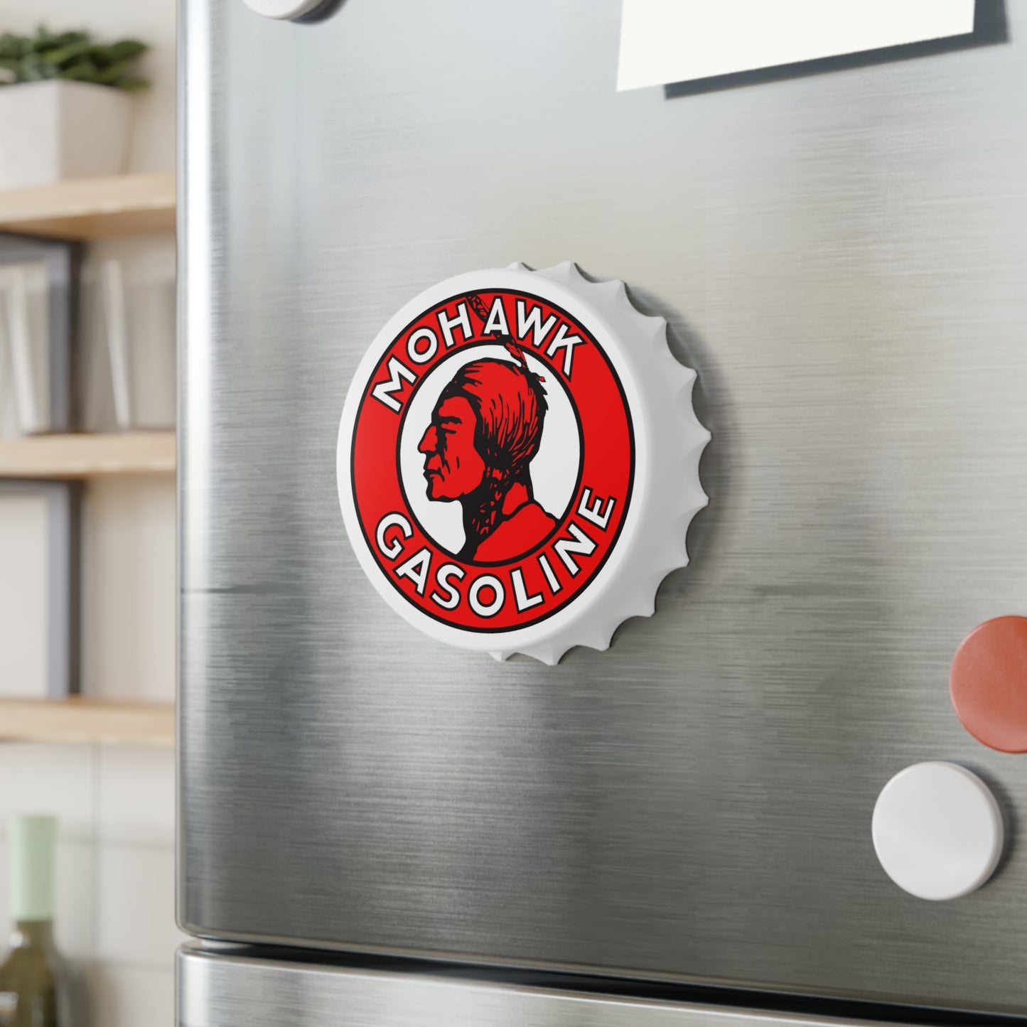 Mohawk Gasoline bottle opener detail — magnetic wall mount — The Faded Label Co.