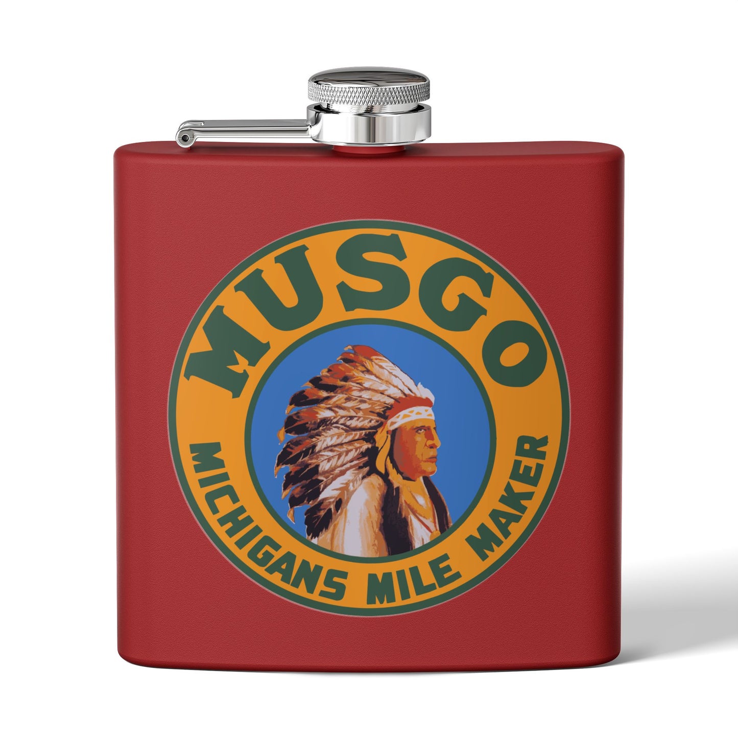 Musgo flask detail — vintage Michigan petroliana gift — The Faded Label Co.