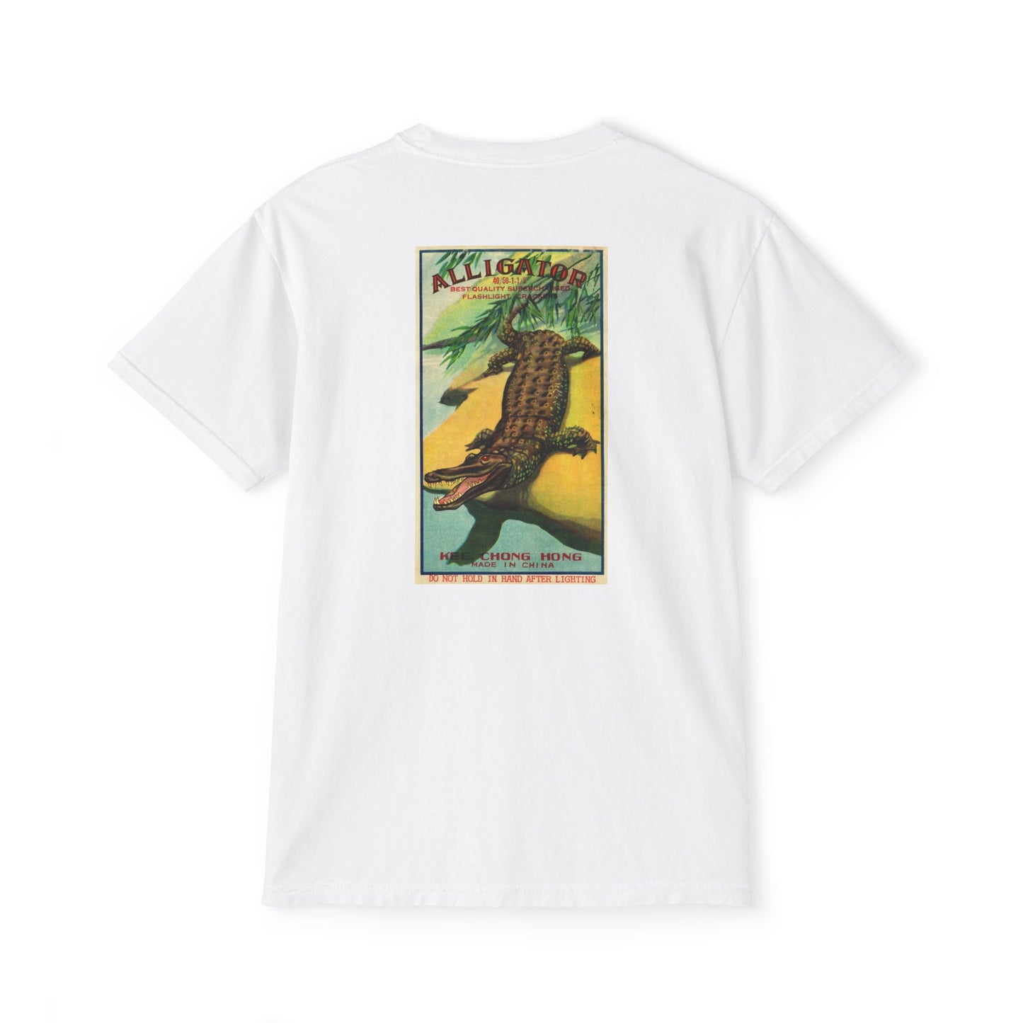 Alligator Brand Firecrackers pocket t-shirt white — person wearing — The Faded Label Co.