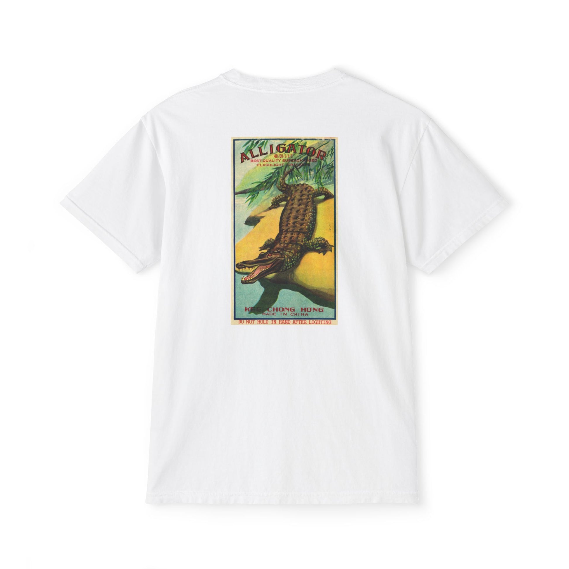 Alligator Brand Firecrackers pocket t-shirt white — person wearing — The Faded Label Co.