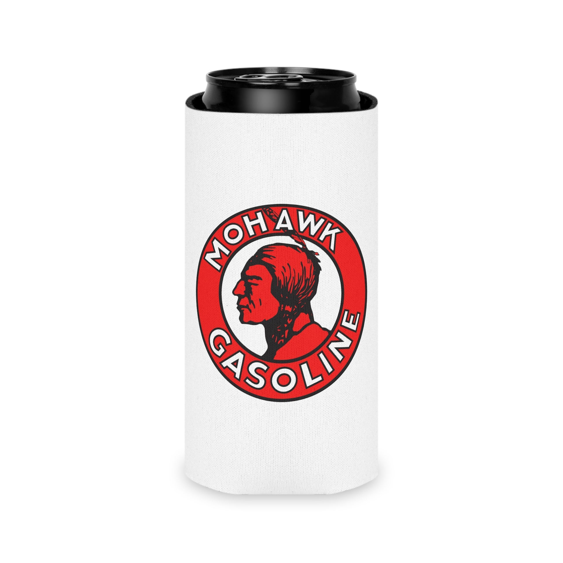 Mohawk Gasoline can cooler detail — bold Native American logo — The Faded Label Co.