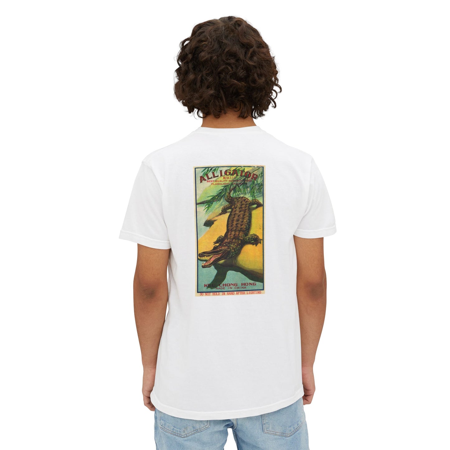 Alligator Brand Firecrackers pocket t-shirt white back — vintage fireworks label art — The Faded Label Co.