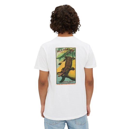 Alligator Brand Firecrackers pocket t-shirt white back — vintage fireworks label art — The Faded Label Co.