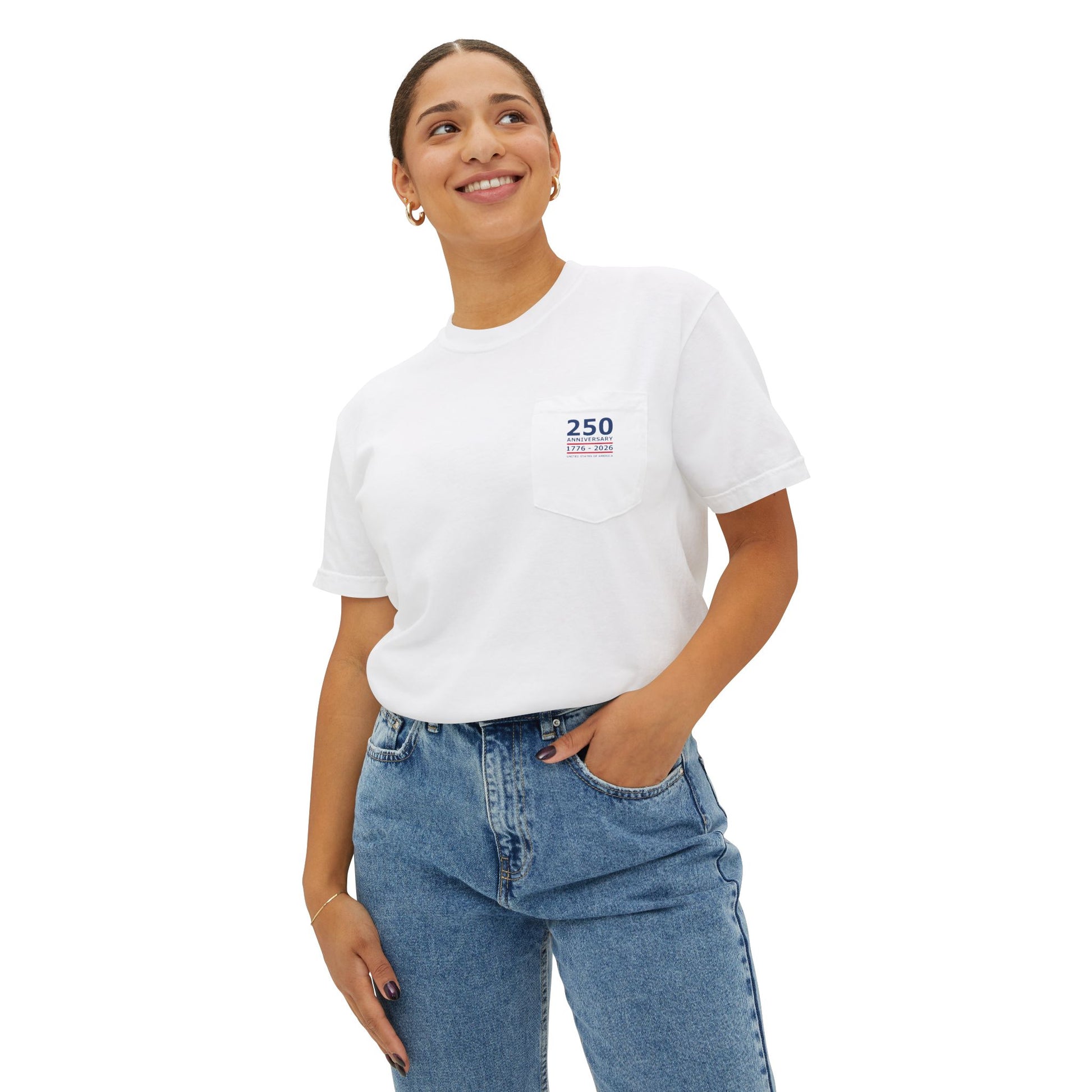 Crab Brand Firecrackers pocket t-shirt white closeup — 250th anniversary pocket badge — The Faded Label Co.