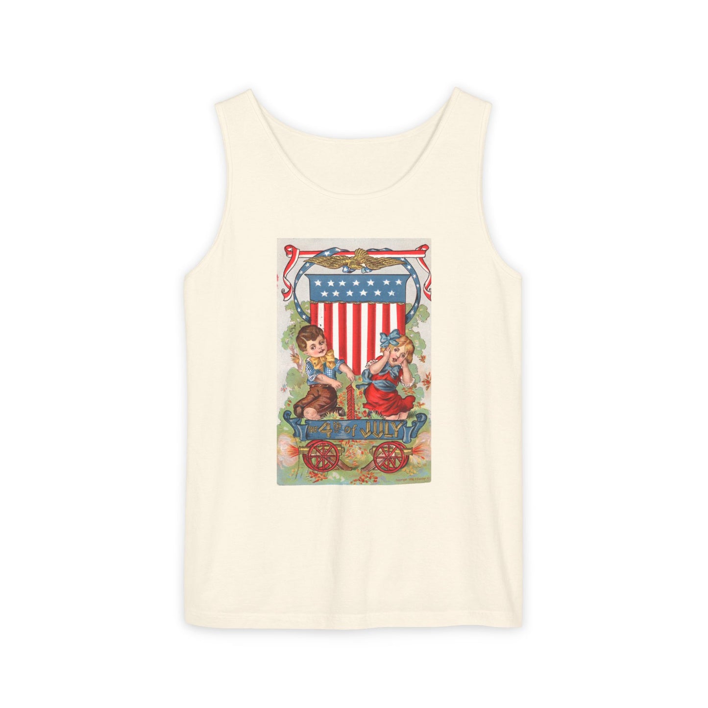 1908 Fourth of July Wagon tank top white — vintage patriotic postcard art — The Faded Label Co.