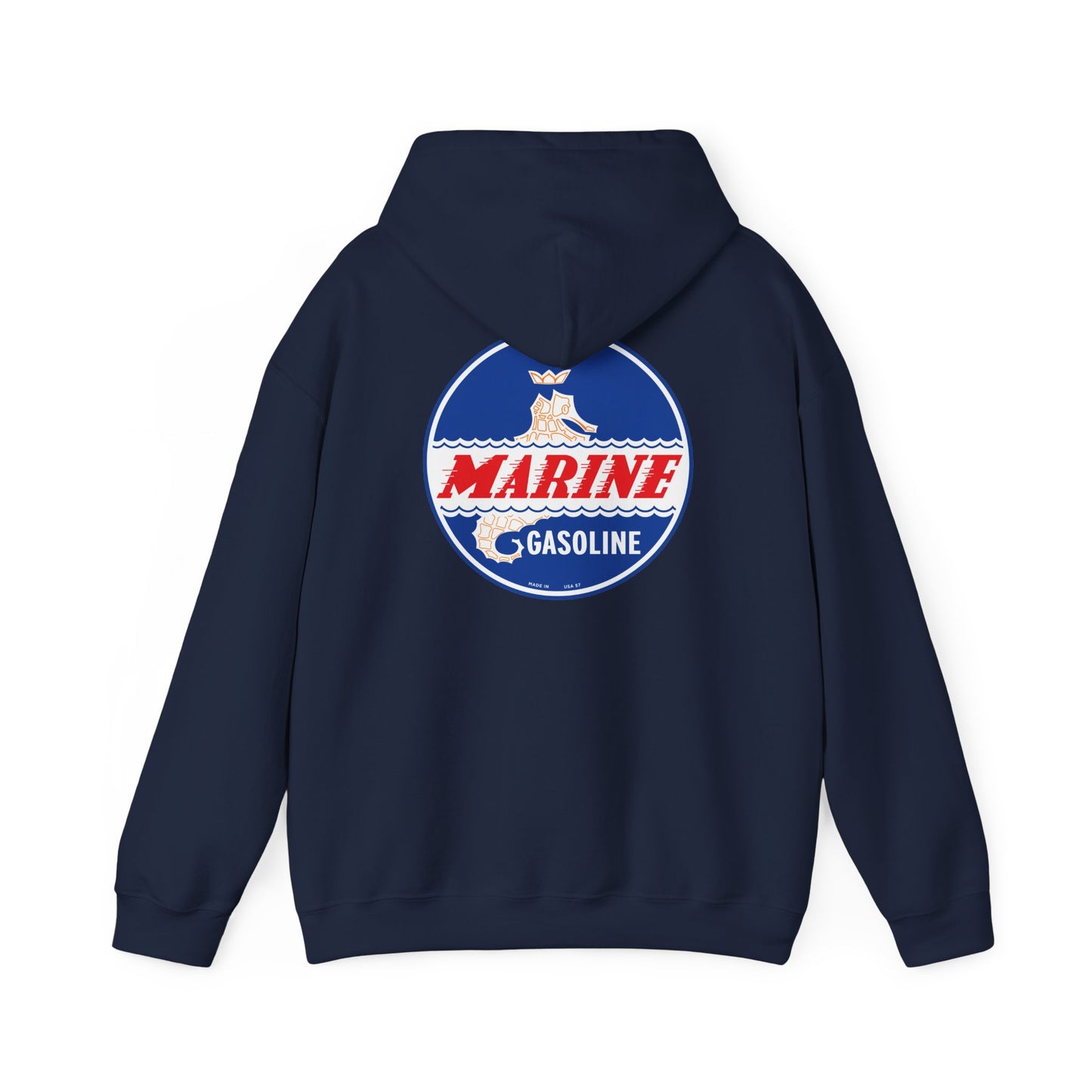 Marine Gasoline Logo Hoodie — Retro Nautical Engine Club Sweatshirt