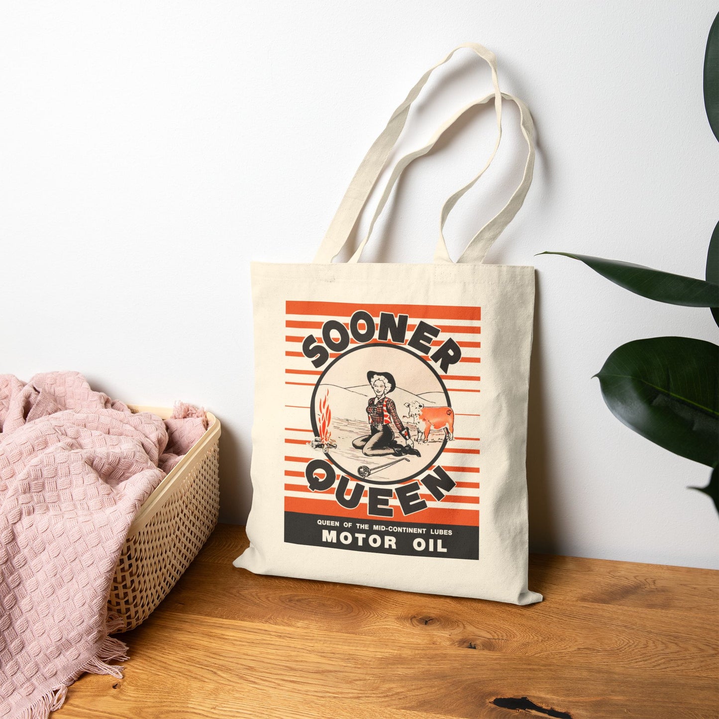 Sooner Queen Motor Oil Canvas Tote Bag — Retro Gasoline Poster Market Tote
