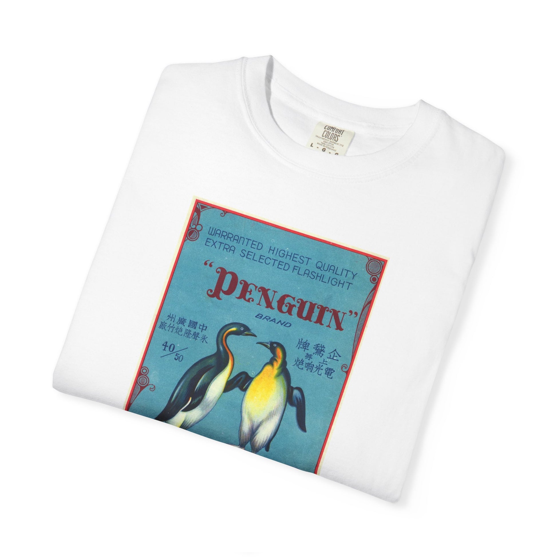 Penguin Brand Firecrackers t-shirt design detail — king penguin vintage label close-up — The Faded Label Co.