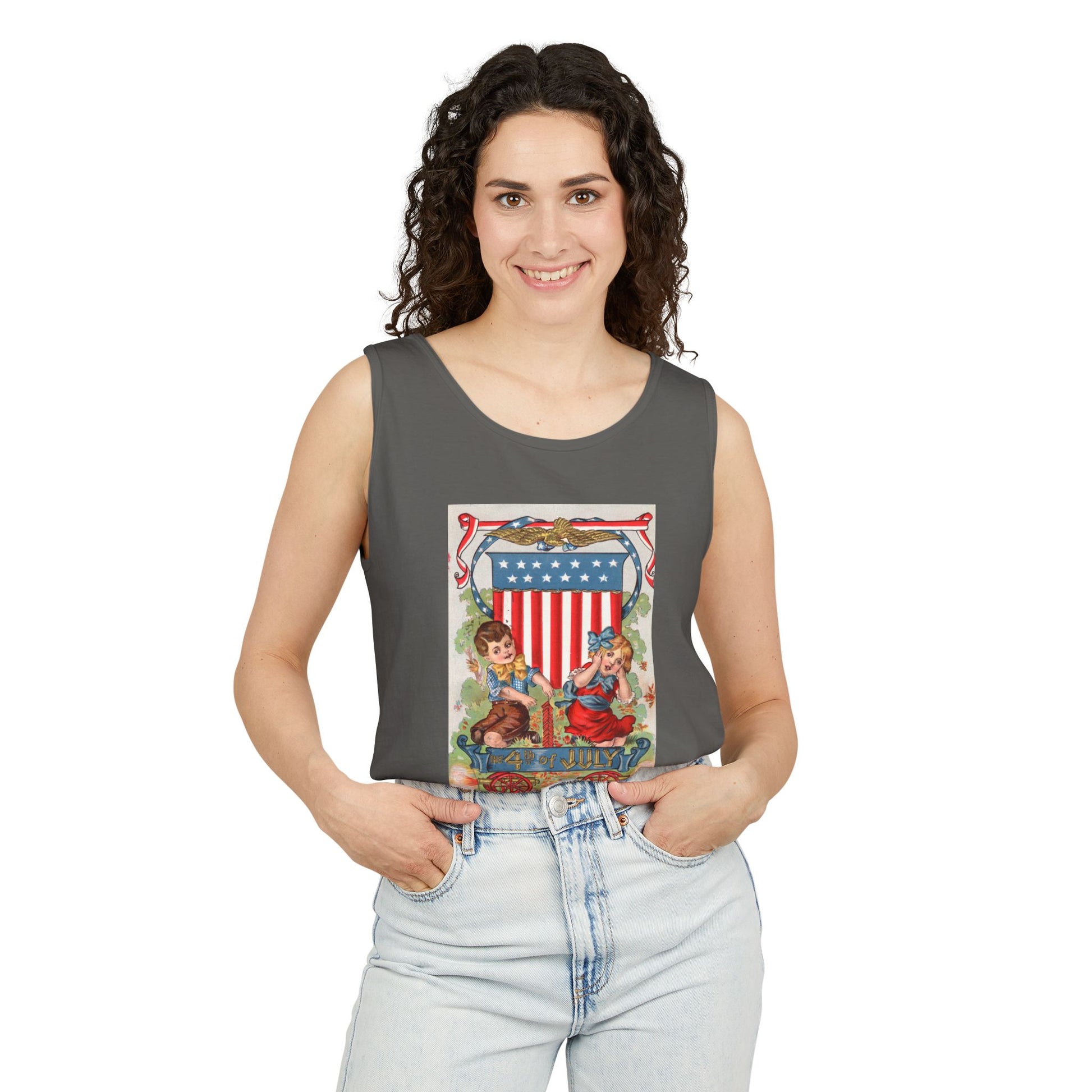 1908 Fourth of July Wagon tank top flat lay white — Comfort Colors 9360 unisex tank — The Faded Label Co.