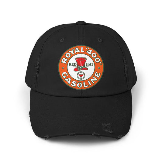 Red Hat Royal 400 distressed cap black — vintage petroliana hat — The Faded Label Co.