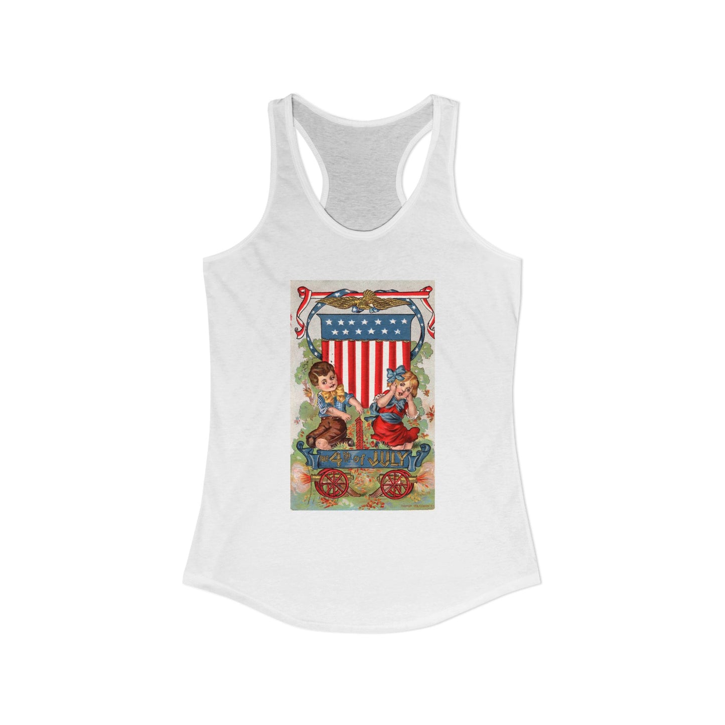 1908 Fourth of July Wagon racerback tank midnight navy — vintage patriotic postcard art — The Faded Label Co.