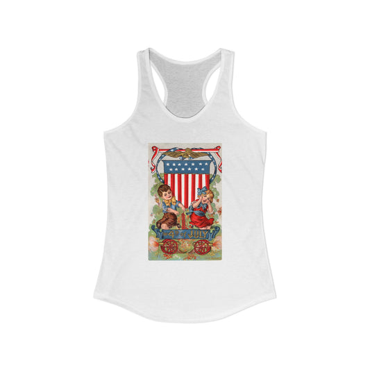 1908 Fourth of July Wagon racerback tank midnight navy — vintage patriotic postcard art — The Faded Label Co.