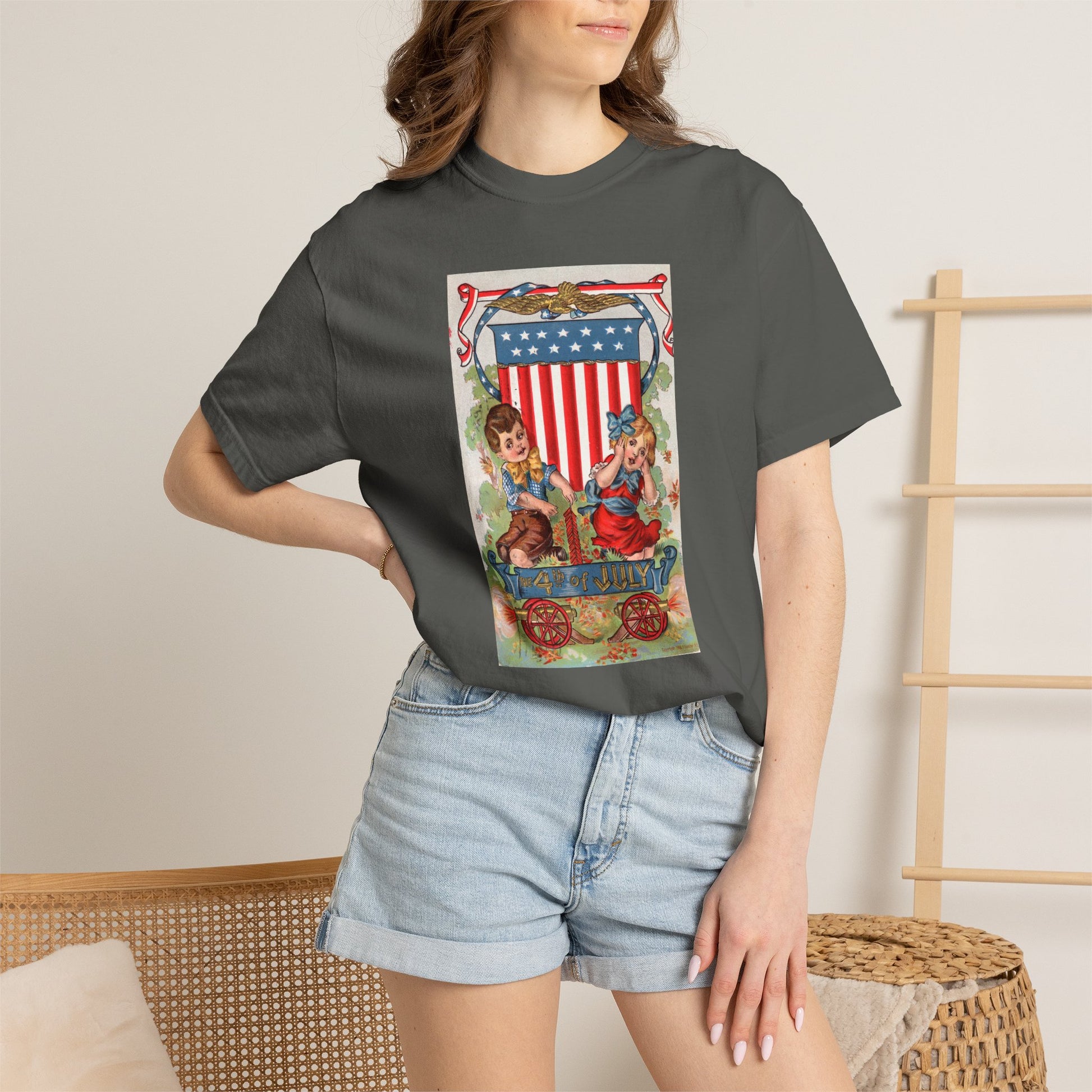 1908 Fourth of July Wagon t-shirt on model — vintage 4th of July graphic tee — The Faded Label Co.