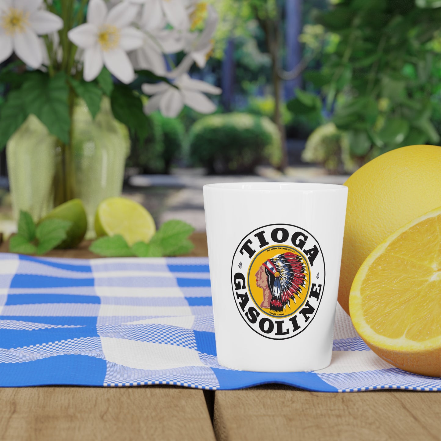 Tioga Gasoline Shot Glass — Vintage Petroliana Gift | The Faded Label Co.