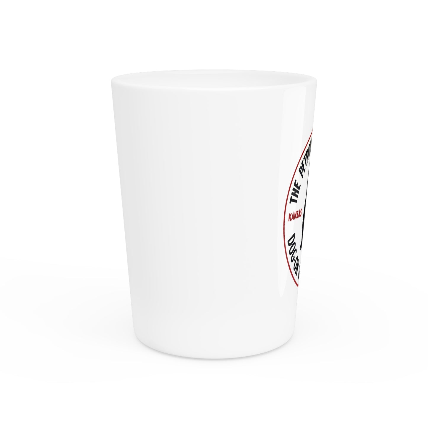 Dog-On Good Gasoline shot glass detail — vintage Scottie Dog petroliana barware — The Faded Label Co.