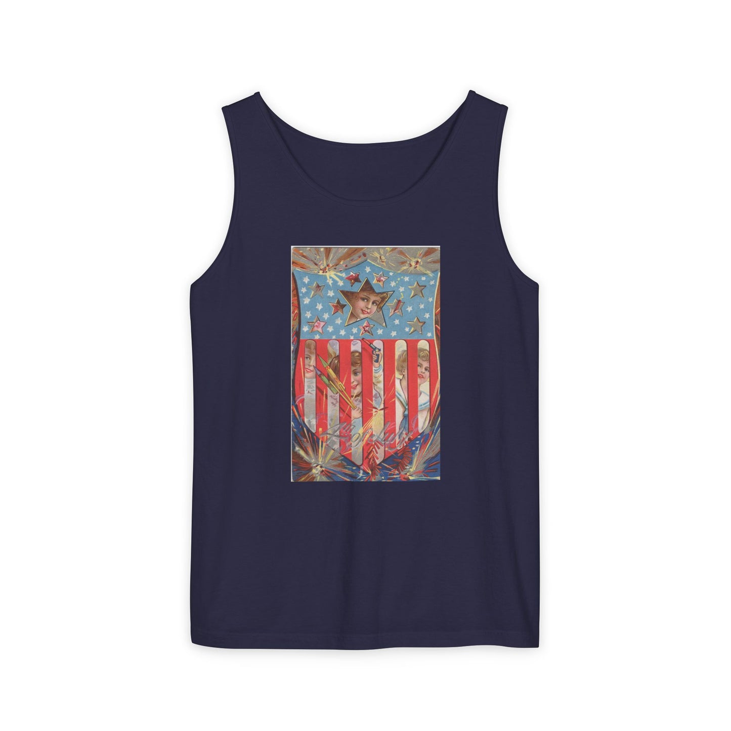4th of July Shield Girls tank top true navy — vintage embossed patriotic postcard art — The Faded Label Co.