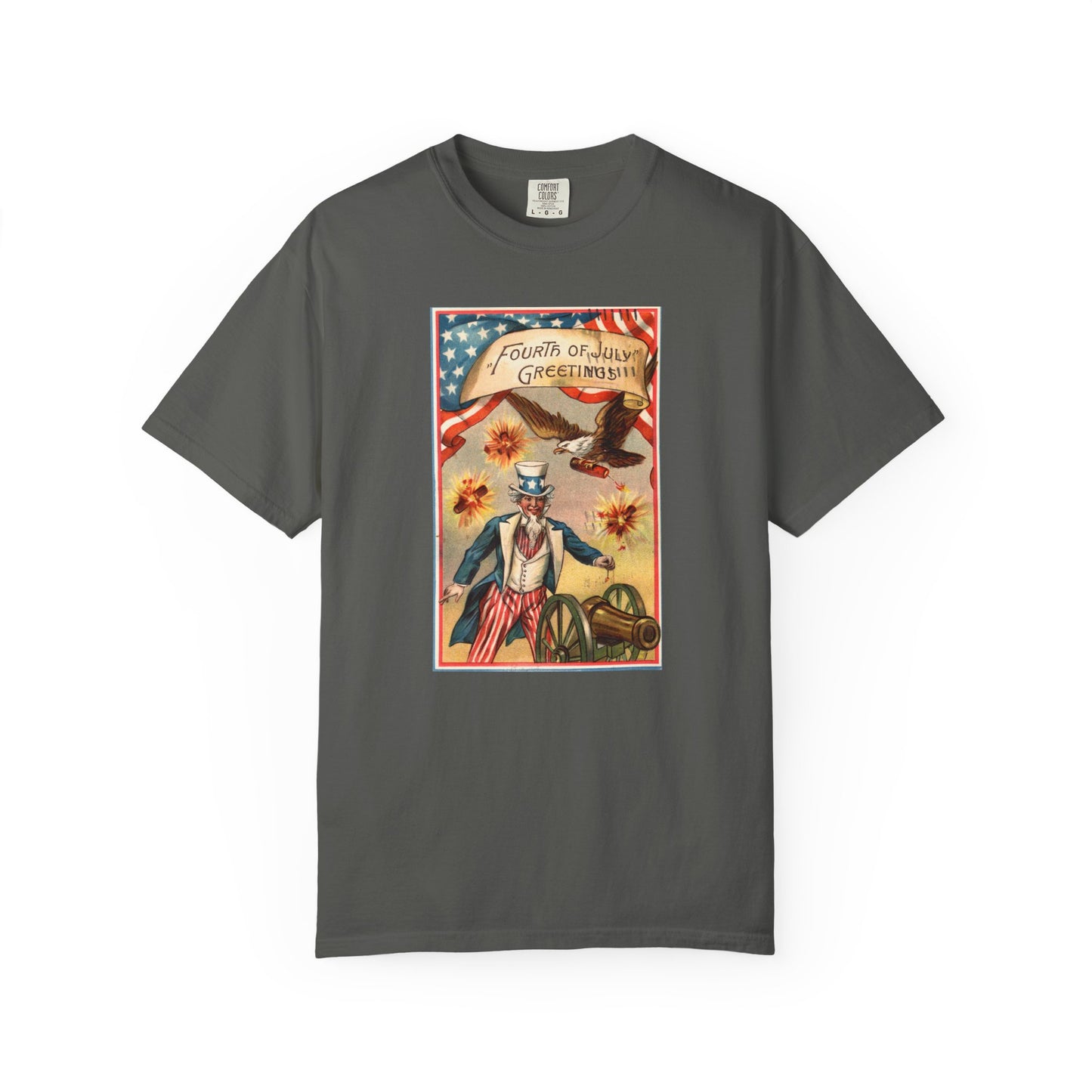 Fourth of July Greetings Uncle Sam t-shirt chambray — vintage patriotic postcard art — The Faded Label Co.