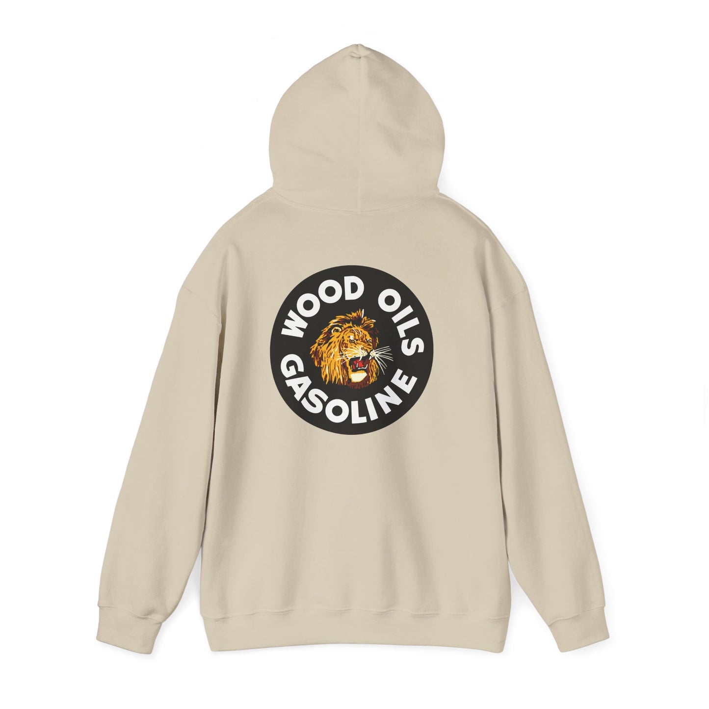 Lion Emblem Gasoline Hoodie — 'Wood Oils Gasoline' Retro Logo Sweatshirt