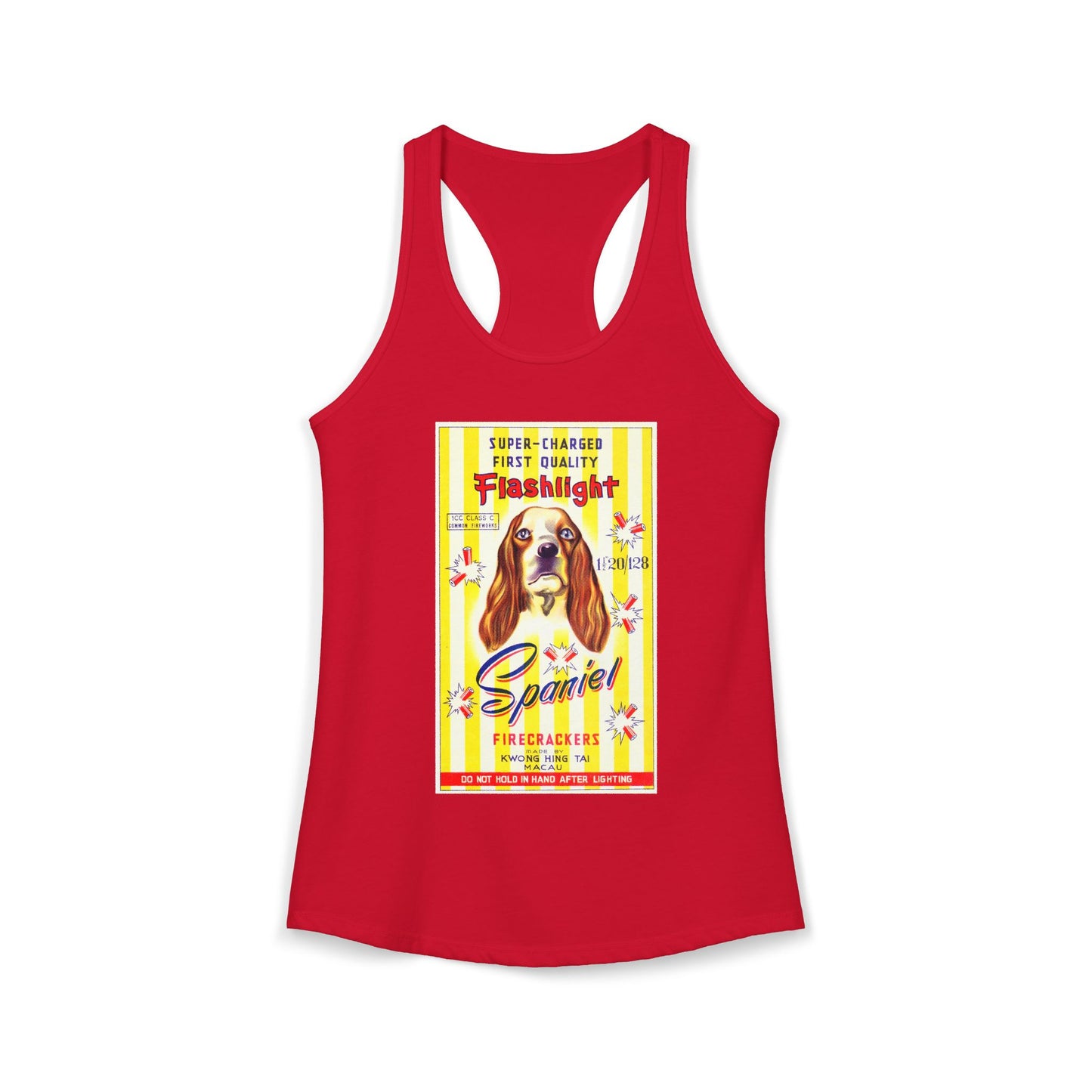 Spaniel Brand Firecrackers racerback tank warm gray — 4th of July women's summer tank — The Faded Label Co.