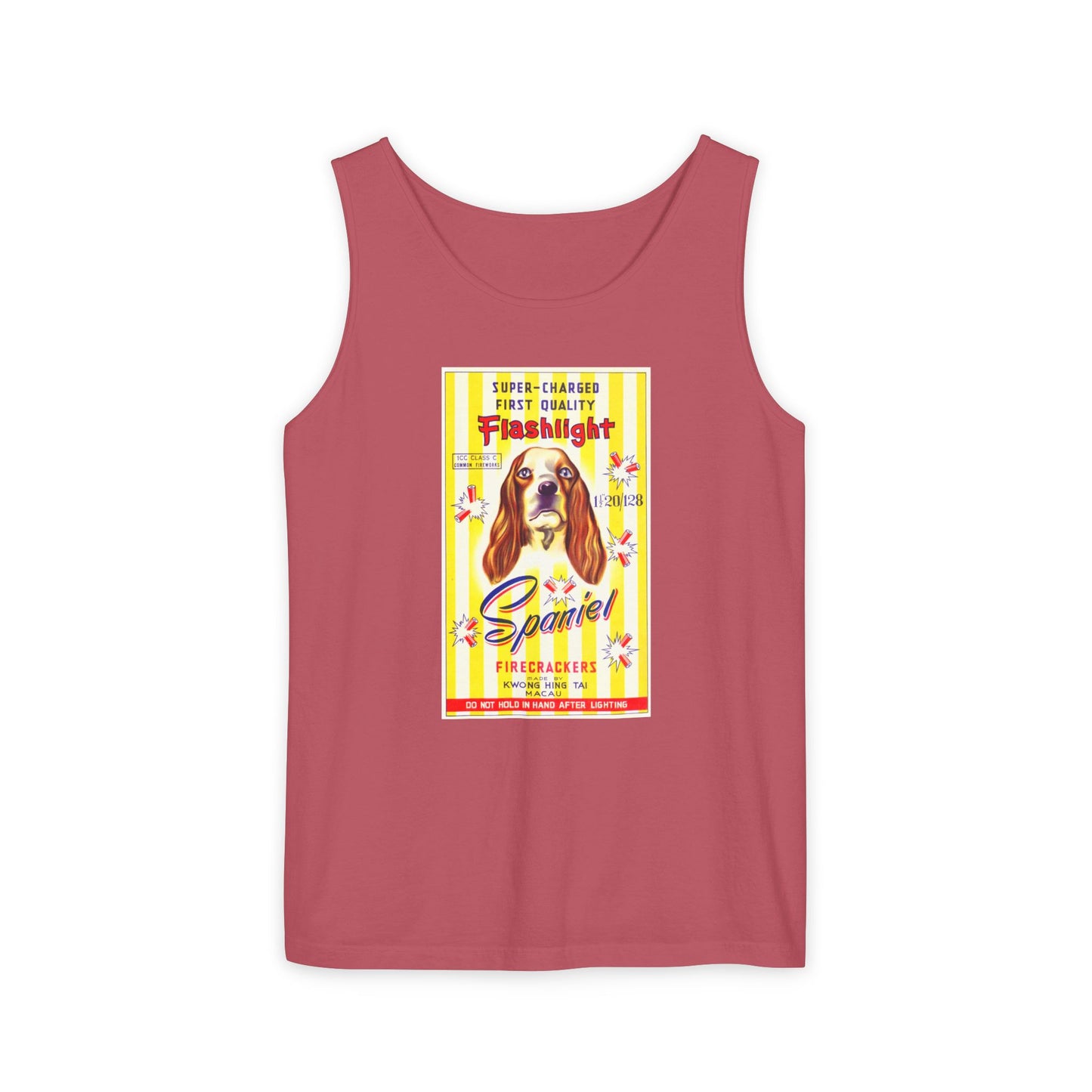 Spaniel Brand Firecrackers tank top gray — 4th of July vintage graphic tank — The Faded Label Co.